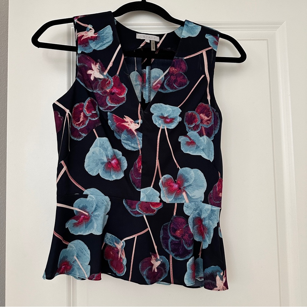 1.State Floral Sleeveless V-neck Peplum Blouse Top